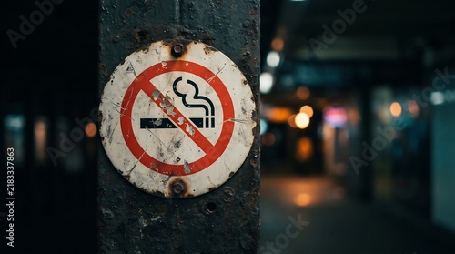 Naklejka No Smoking Sign on Rusty Metal Pole in Underground Subway Station with Blurred Train Platform Background