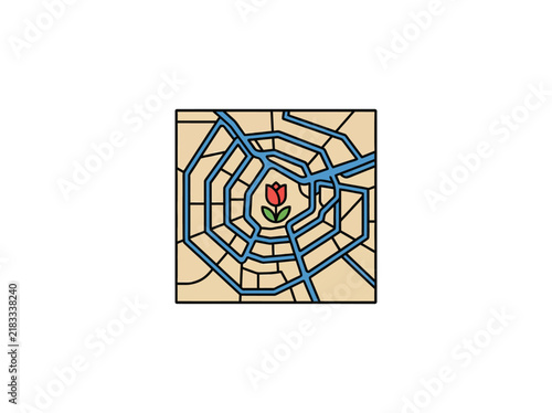 Amsterdam Map With Tulip And Canal Lines Vector Illustration