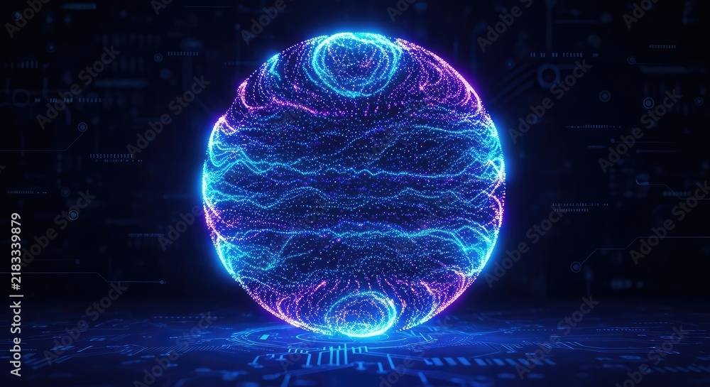 Fototapeta premium Abstract glowing sphere featuring vibrant blue and violet light particles flowing in a circular digital motion over a dark tech background, universe, bright, futuristic