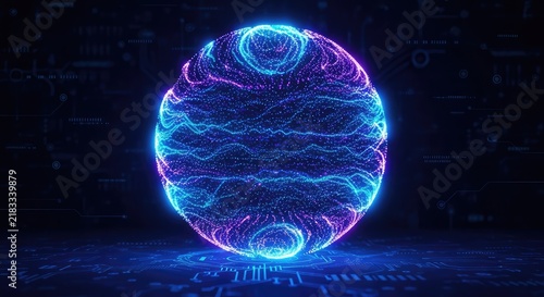 Abstract glowing sphere featuring vibrant blue and violet light particles flowing in a circular digital motion over a dark tech background, universe, bright, futuristic
