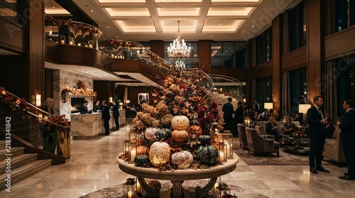 Elegant Luxury Hotel Lobby Interior with Autumn Harvest Decorations and Carved Pumpkins for Halloween