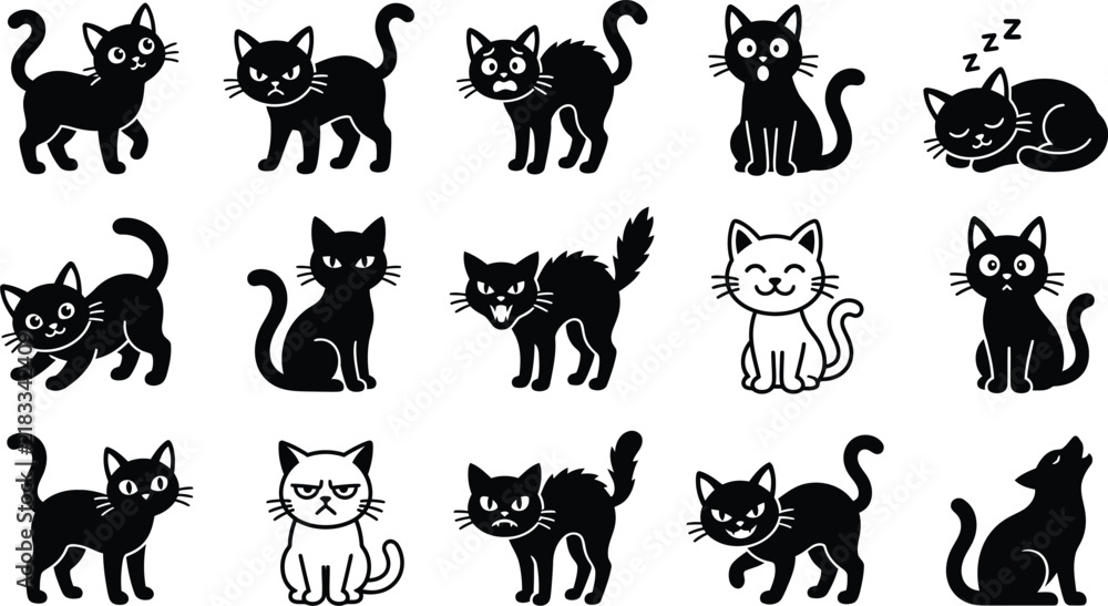 Obraz premium Halloween Cat Silhouette Icon Set 2 - Black and White Cat Vector Illustration