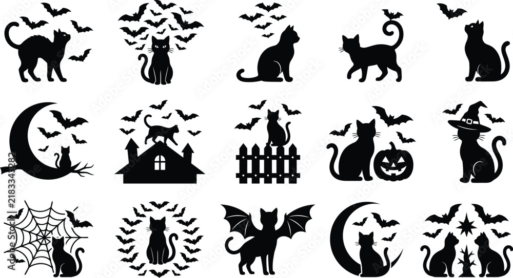 Obraz premium Halloween Black Cat Bat and Haunted House Icon Set - Vector Illustration Collection