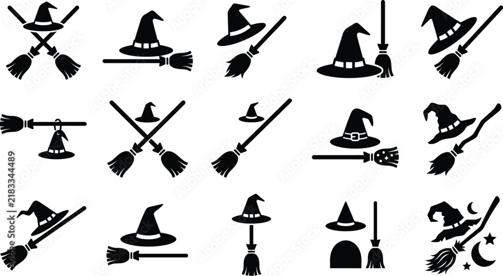 Fototapeta premium Halloween Crossed Broom Icon Set - Witch Broomstick Vector Illustration Collection