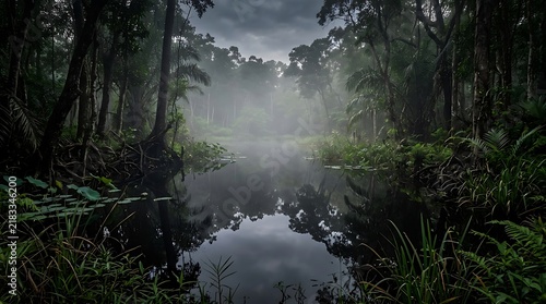 Dark misty rainforest swamp with still water reflection