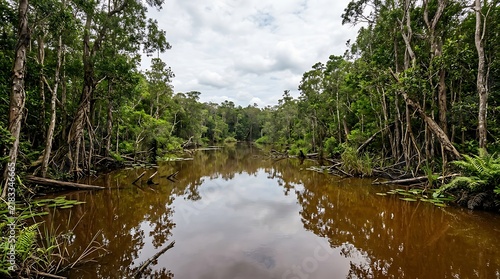Tropical river reflecting dense jungle trees under a cloudy sky