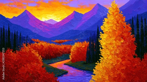 Vibrant autumn landscape with colorful trees, mountains, and a winding river under a dramatic sunset