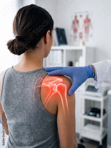 Doctor examining female patient with glowing red shoulder joint pain