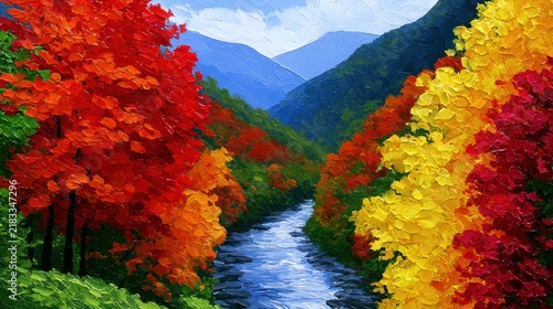 Vivid autumn landscape with colorful trees lining a serene river, set against distant mountains