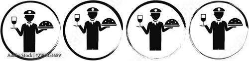 Four circular showing a waiter in uniform holding a wine glass and a food tray, isolated on white background