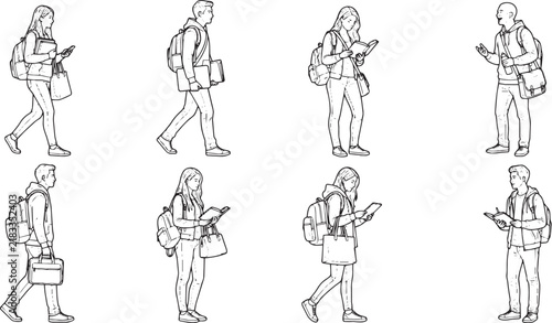 Students with Backpacks Books and Laptops Walking Reading and Talking