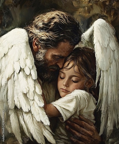 Angel Father Embracing His Son Before Ascending to Heaven. Ai Generative