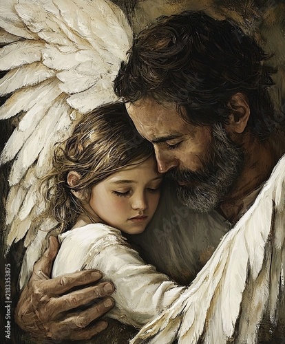 Angel Father Embracing His Son Before Ascending to Heaven. Ai Generative