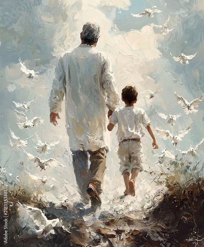 Angel Father Embracing His Son Before Ascending to Heaven. Ai Generative