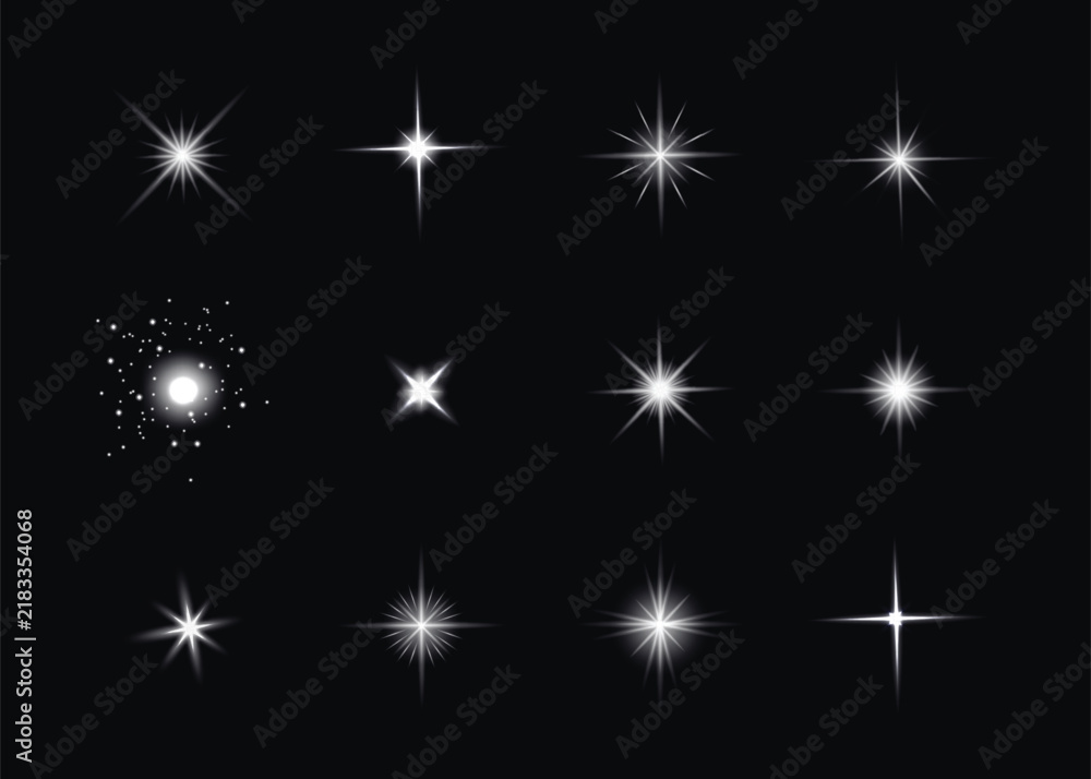 Fototapeta premium Collection of glowing white starburst and sparkle effects in varied shapes, ideal for Christmas, holiday graphics, luxury branding and digital artwork.