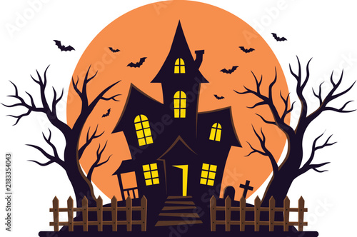 Fotografie Haunted house with spooky trees and bats against a large orange full moon
