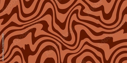 Retro coffee color background. Milk chocolate liquid dessert texture. Wavy swirl candy pattern for poster, cover, banner, pamphlet. Vintage brown trippy hippie wallpaper in 60s or 70s style. Vector