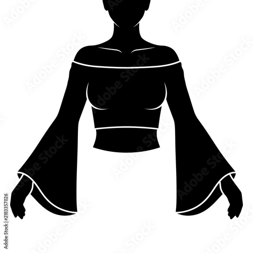 Silhouette of loose fitting off shoulder top with flared sleeves