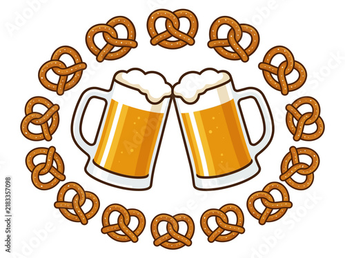 Beer mug and pretzels arranged in circular frame composition on white background