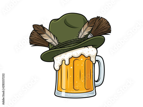 Green alpine hat with feathers resting on a glass of golden beer