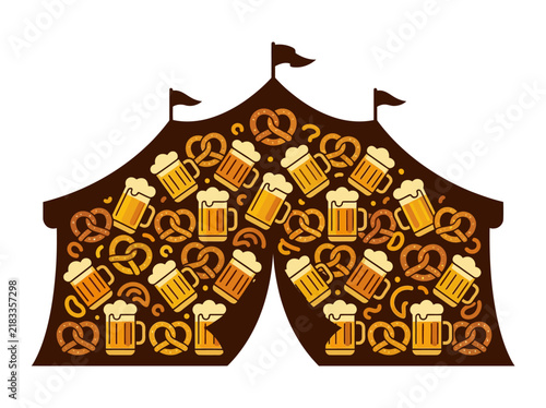 Beer mugs and salty pretzels pattern inside a festive event tent shape