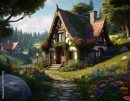 Charming fairytale cottage with a stone path and vibrant flower garden in a lush green forest landscape