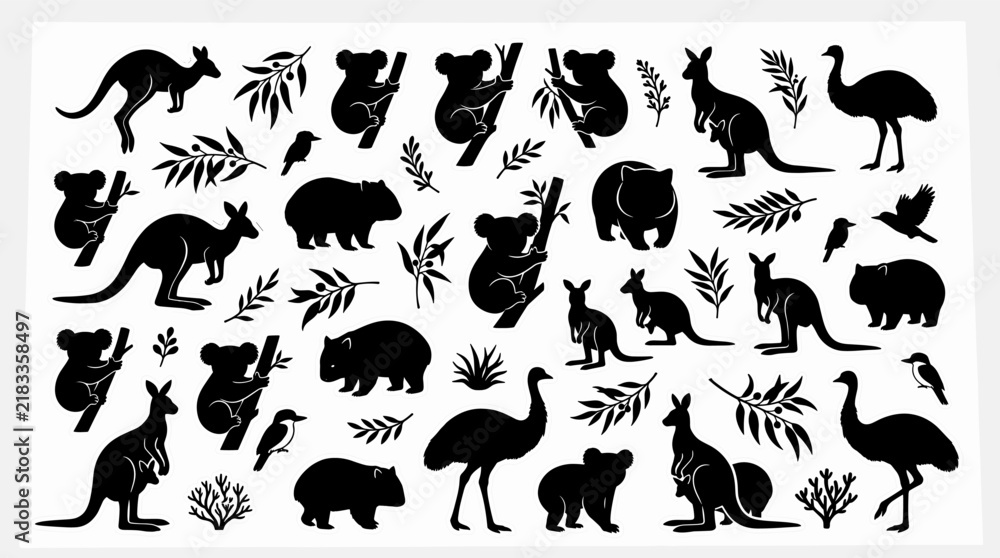 Obraz premium Animal Silhouettes Collection Featuring Cat, Dog, Bird, Bear, Horse, Elephant, Deer and Pig in Black Vector Illustration Icons for Wildlife and Pet Design