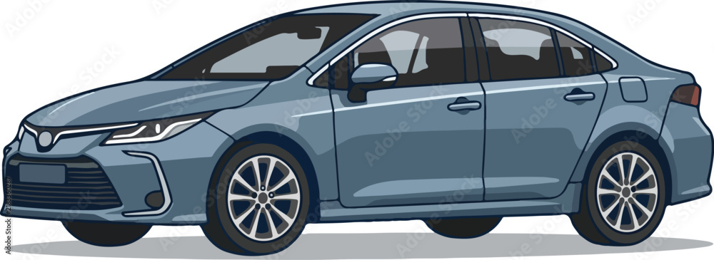 Naklejka premium Modern blue grey sedan car parked on plain white background