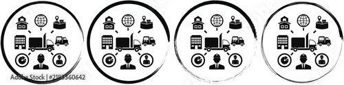 Set of four circular displaying logistics and supply chain management symbols with a truck, globe, and building