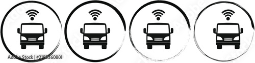 Four circular featuring a front view of a delivery truck with a wireless internet signal symbol on the roof
