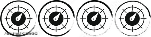 Four circular featuring a black silhouette of a gauge or speedometer with a needle, isolated on a white background