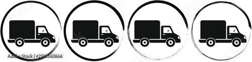 Four circular featuring a black silhouette of a side view of a delivery truck, isolated on a white background