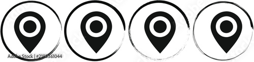Four circular featuring a black silhouette of a map location pin or marker, isolated on a white background