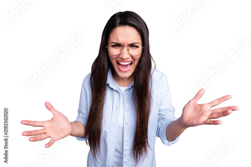 Fotografie Photo of aggressive angry mature woman wear formal shirt spectacles rising arms