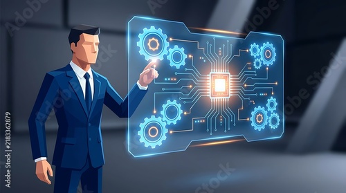 Digital transformation concept showing businessman controlling glowing industrial gears