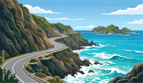 White car driving on winding coastal road along rocky ocean cliffs