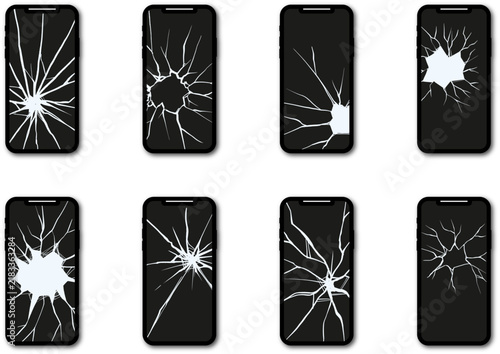 Black smartphone with a broken display. Broken mobile phone screen