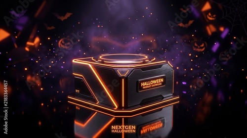 Futuristic Sci-Fi Podium for Halloween Product Showcase with Neon Orange Lights and Spooky Background