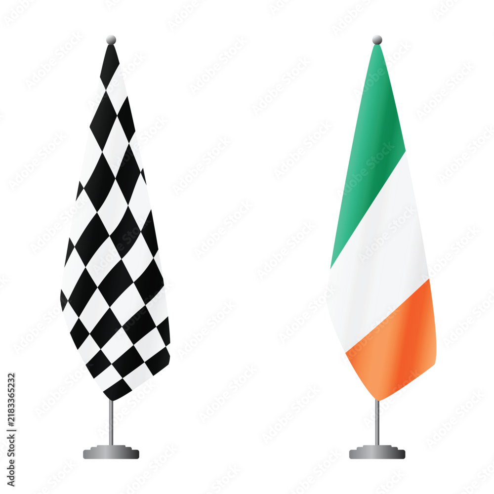 Obraz premium Checkered and Ireland flags on flagpoles for official ceremonies and meetings, transparent background vector