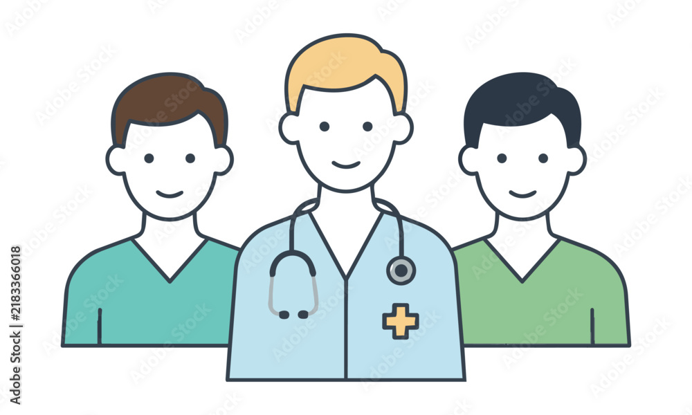 Fototapeta premium Stylized healthcare team of three professionals and a stethoscope in a clean monoline style isolated on white. Medical teamwork concept