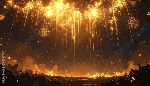 Golden Fireworks Filling the Upper Night Sky with Floating Embers Cascading Below