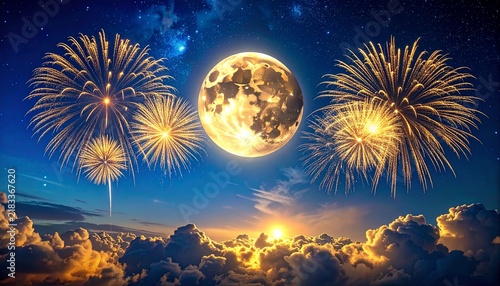 Golden Fireworks under a Large Luminous Full Moon in a Deep Blue Night Sky