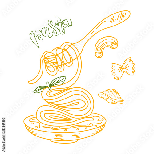Doodle illustration of pasta—noodles and macaroni on a plate.