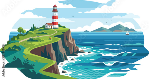 Red and white lighthouse standing on a grassy cliff overlooking the ocean blue waves