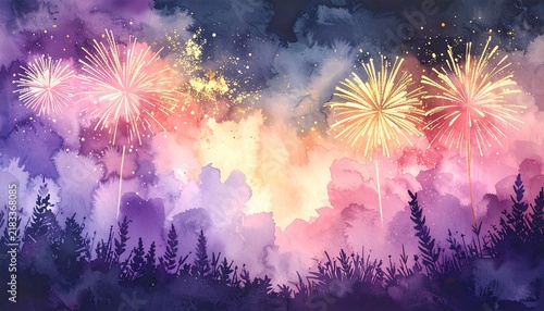 Soft Watercolor Style Fireworks in Pastel Pink, Gold and Lavender on Textured Dark Paper
