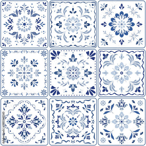 Azulejo Portuguese blue tiles pattern, seamless background mediterranean amalfi patchwork style