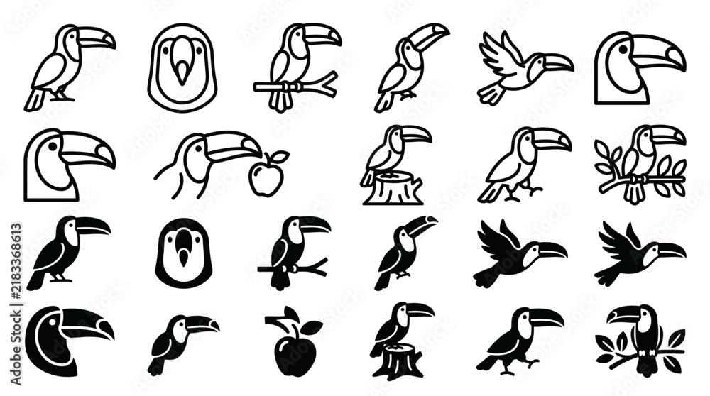 Fototapeta premium Comprehensive toucan bird vector icon collection in outline and silhouette with collection silhouette graphics