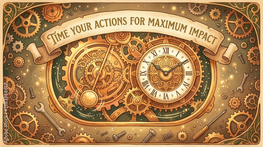 Obraz premium Steampunk clockwork gears and roman numeral clock face with inspirational banner saying 'Time Your Actions For Maximum Impact'