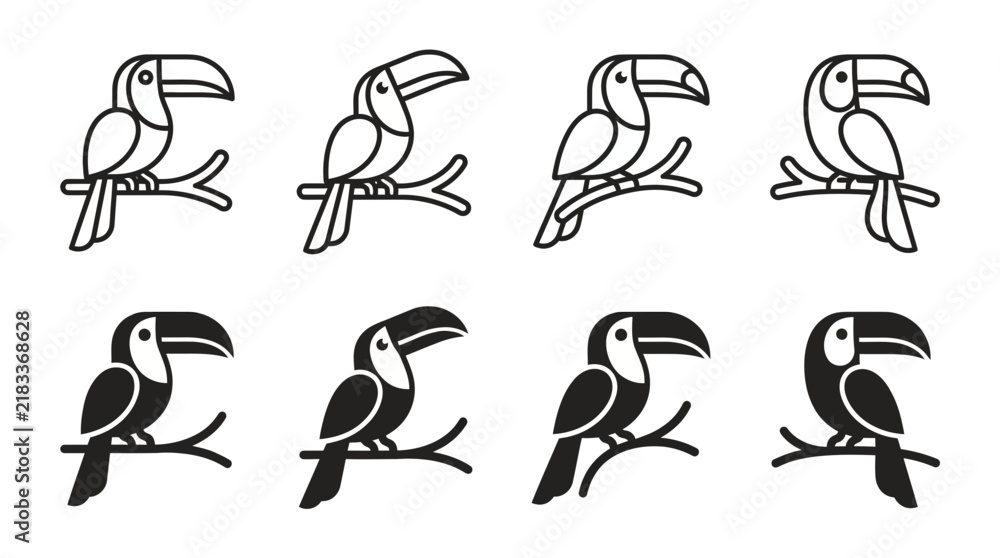 Obraz premium Toucan bird vector icons set featuring outline and silhouette styles perched on branches silhouette wildlife tropical