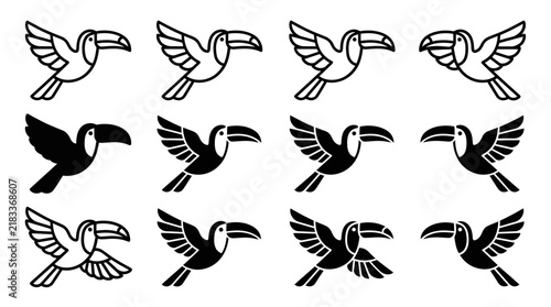 Flying toucan bird vector icon set in outline and silhouette designs with silhouette graphics collection tropical